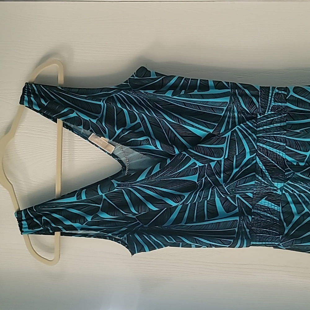 NWT MICHAEL Michael Kors Wide-Leg Jumpsuit Womens M Peacock Blue Leaf Print Dres - Picture 6 of 12